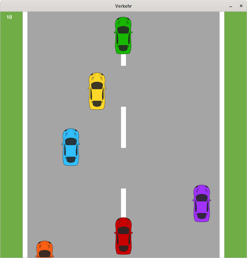 Das rote Auto steuert durch dichten Verkehr